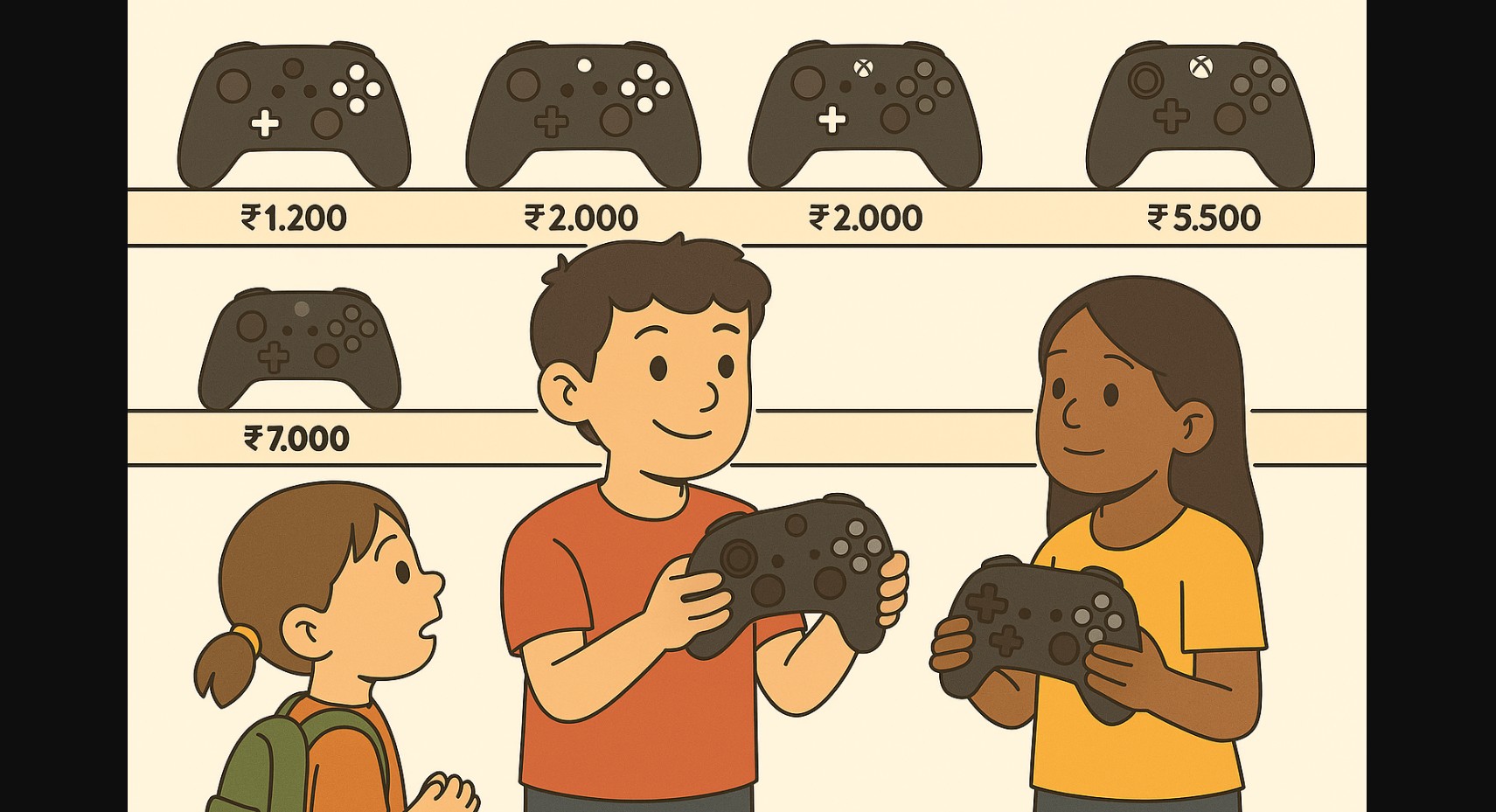 kids checking out game controllers in shop