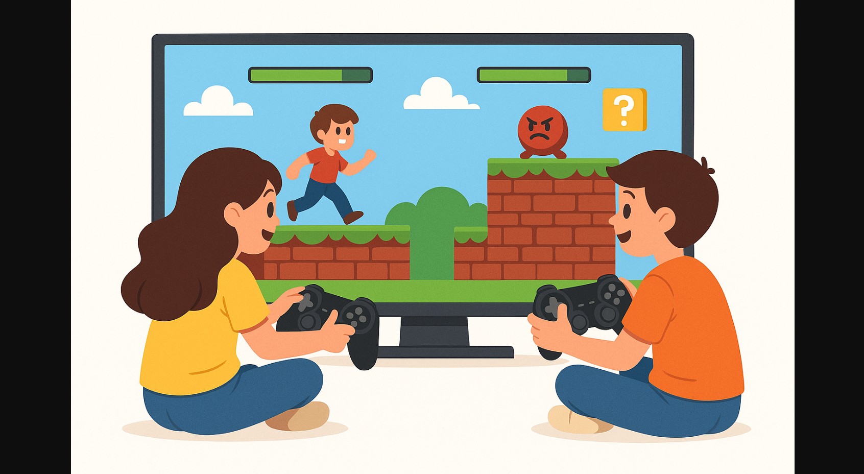 kids with gamepad enjoying game on big tv