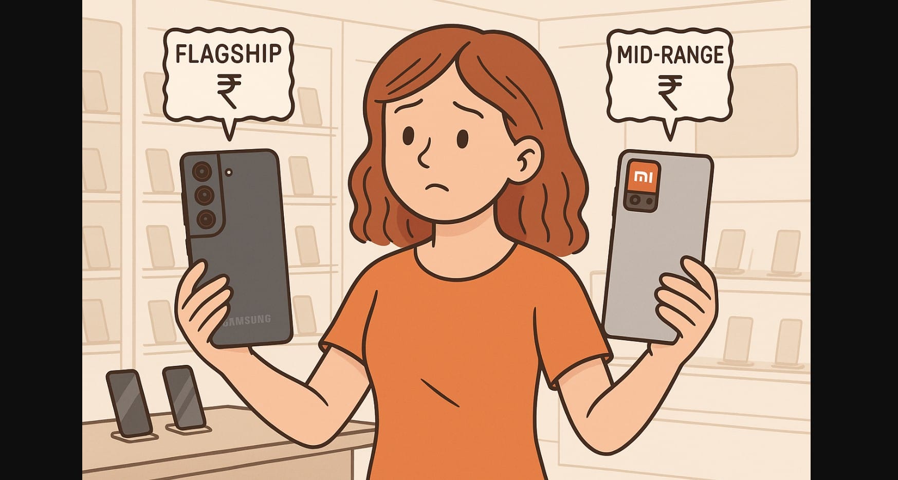 a girl comparing older flagship phone from samsung vs new mid range phone from xiaomi