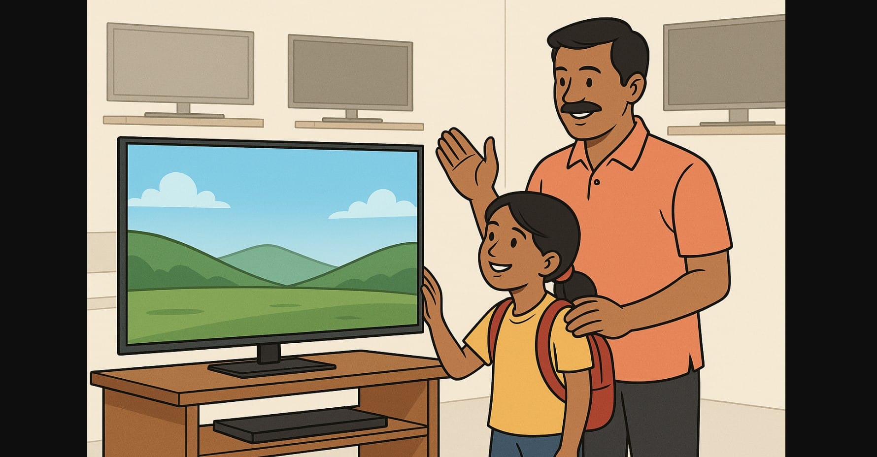 a girl checking out budget tv in store with father