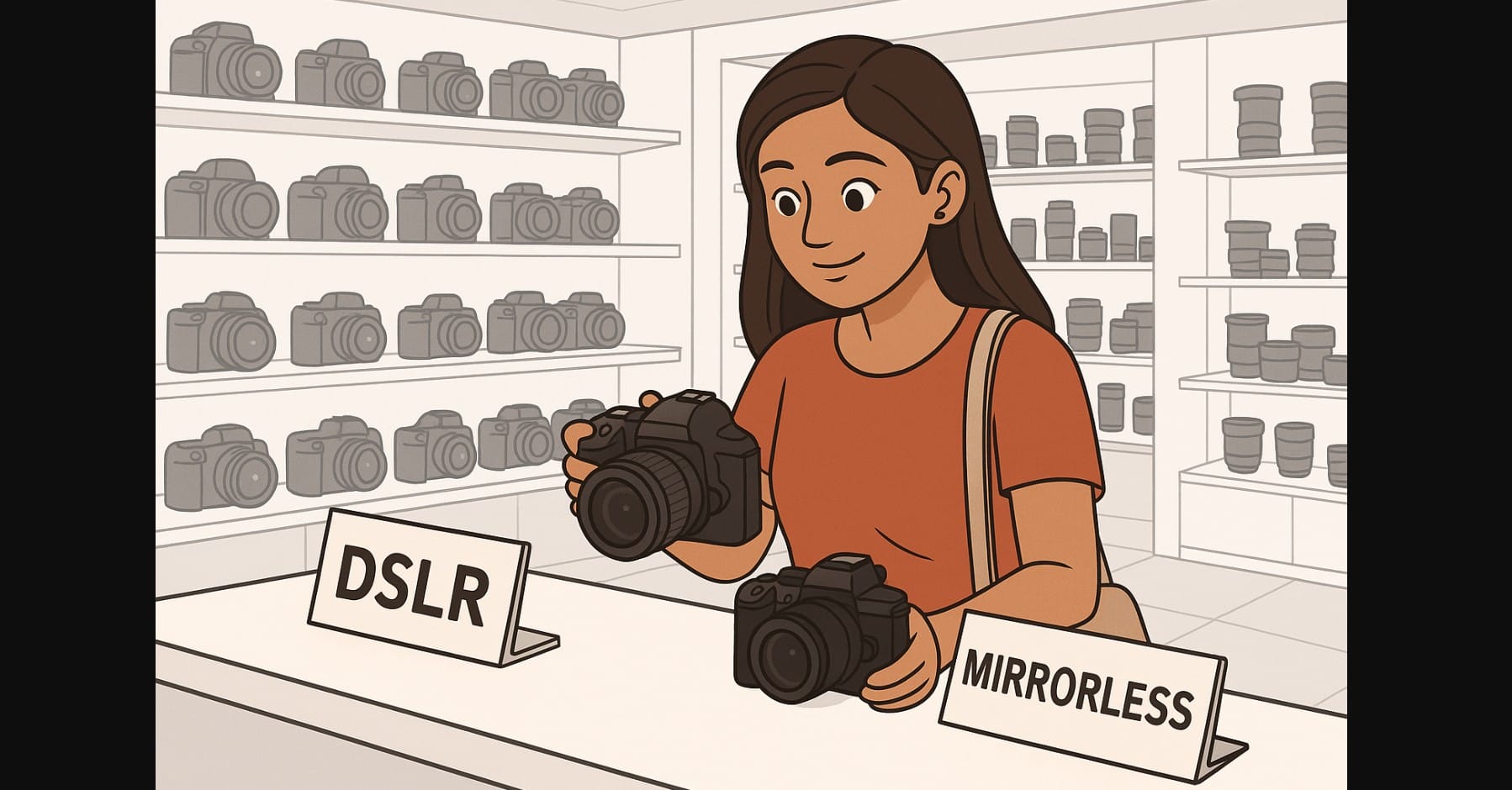 a girl comparing Mirrorless and DSLR camera in store