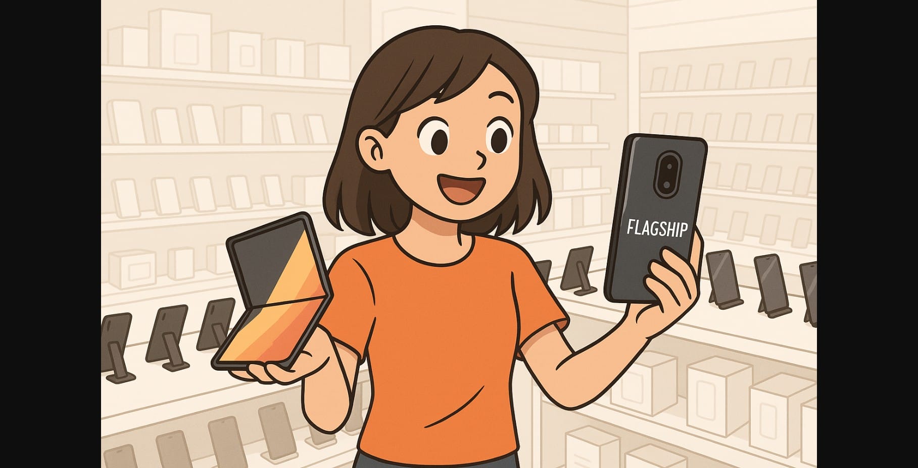 a girl comparing flagship and foldable smartphone