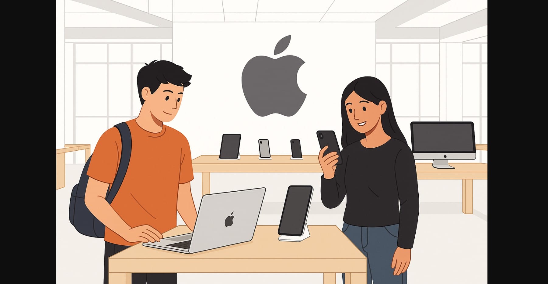 buyers in apple store checking out macbook and iphone