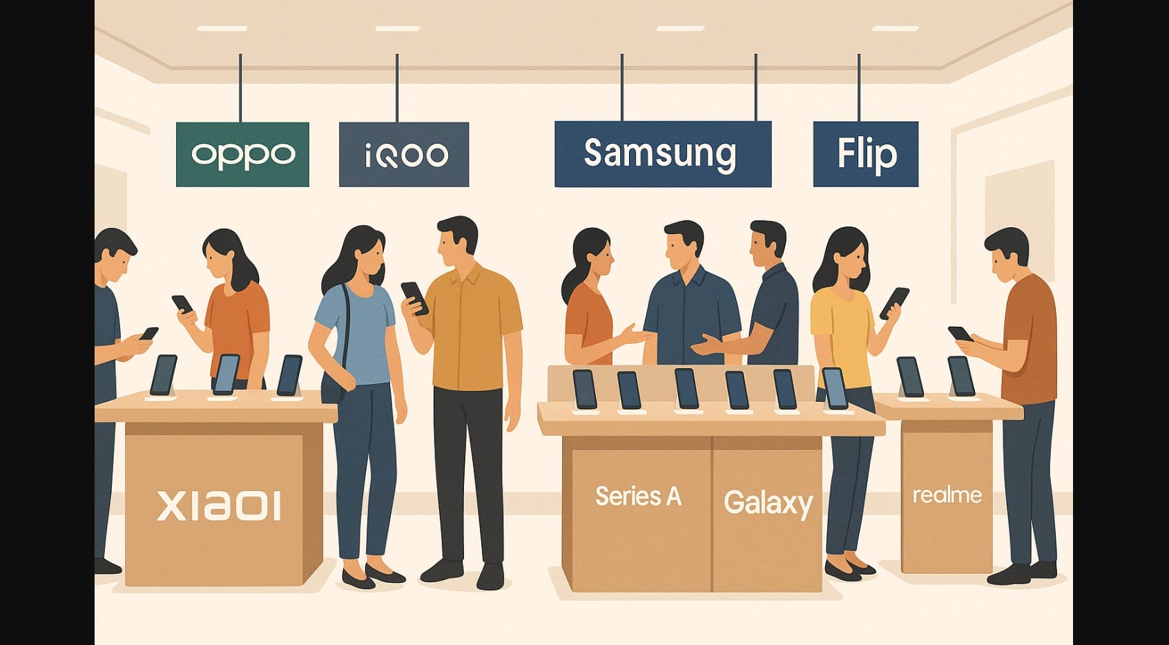 phone brands in a retail store showcasing Samsung and Chinese
